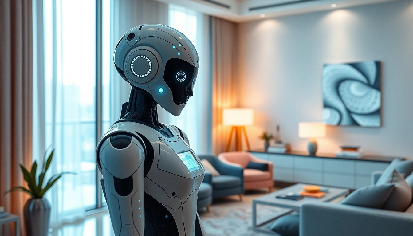 Interactive sex bot in a modern apartment with sleek design and inviting ambiance.