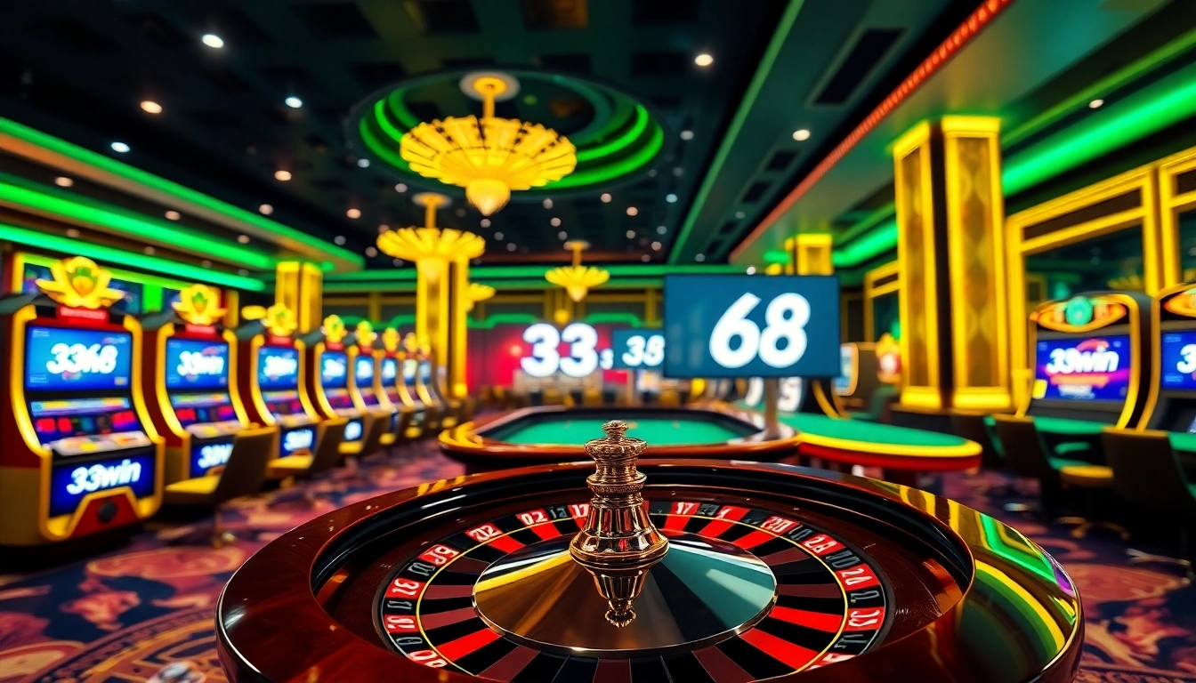 Dynamic gaming scene with 33win 68 branding, featuring casino tables and slot machines.