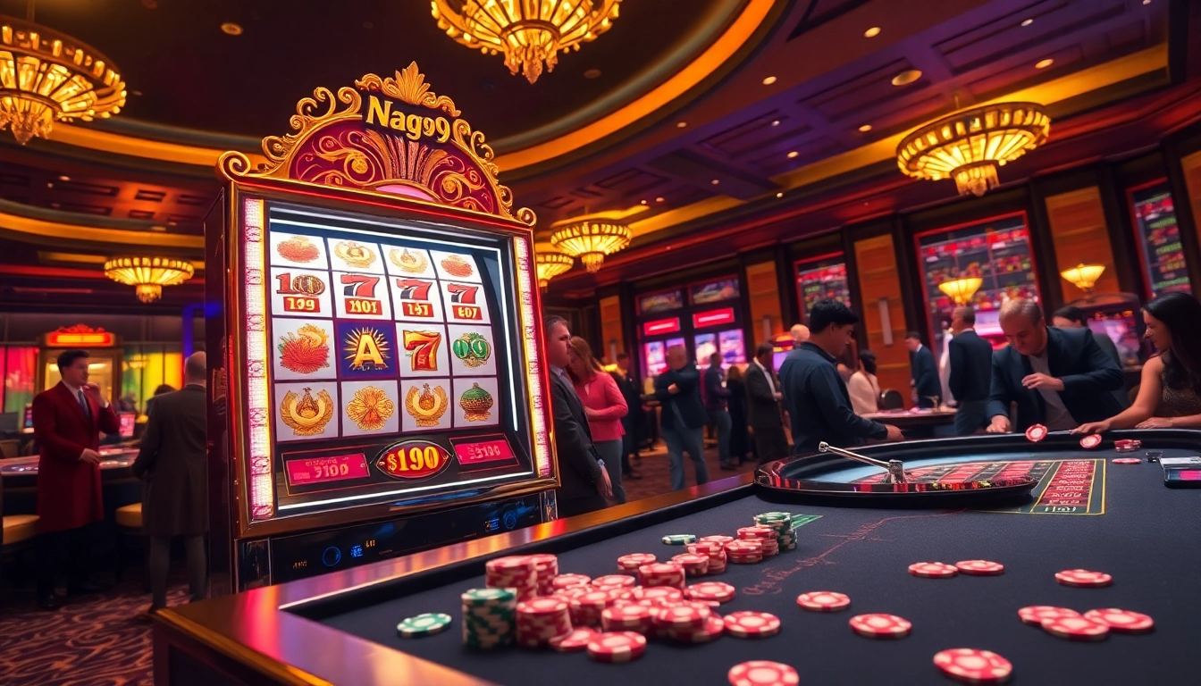 Naga99 slot machine surrounded by chips and gamblers enjoying a vibrant casino atmosphere
