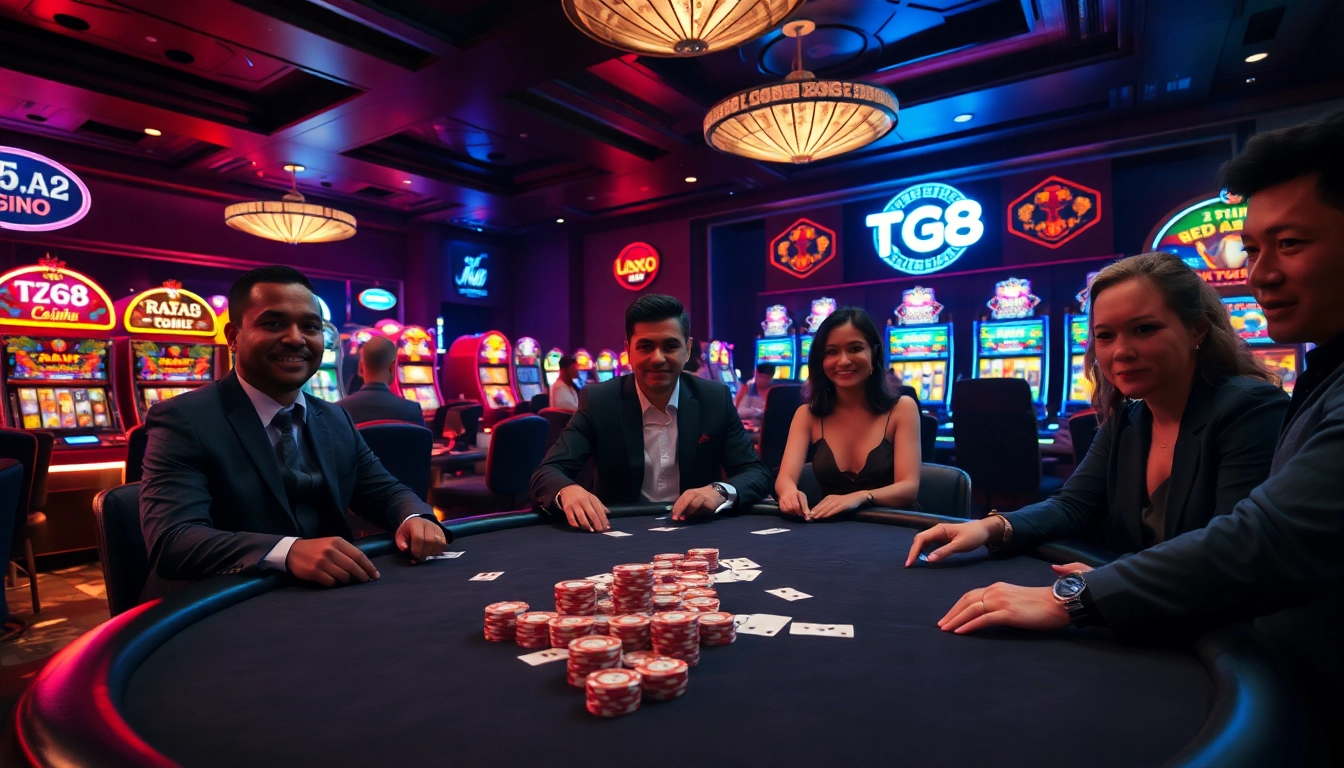 Players enjoying a thrilling experience at tg88 casino, with poker chips and cards on the table.