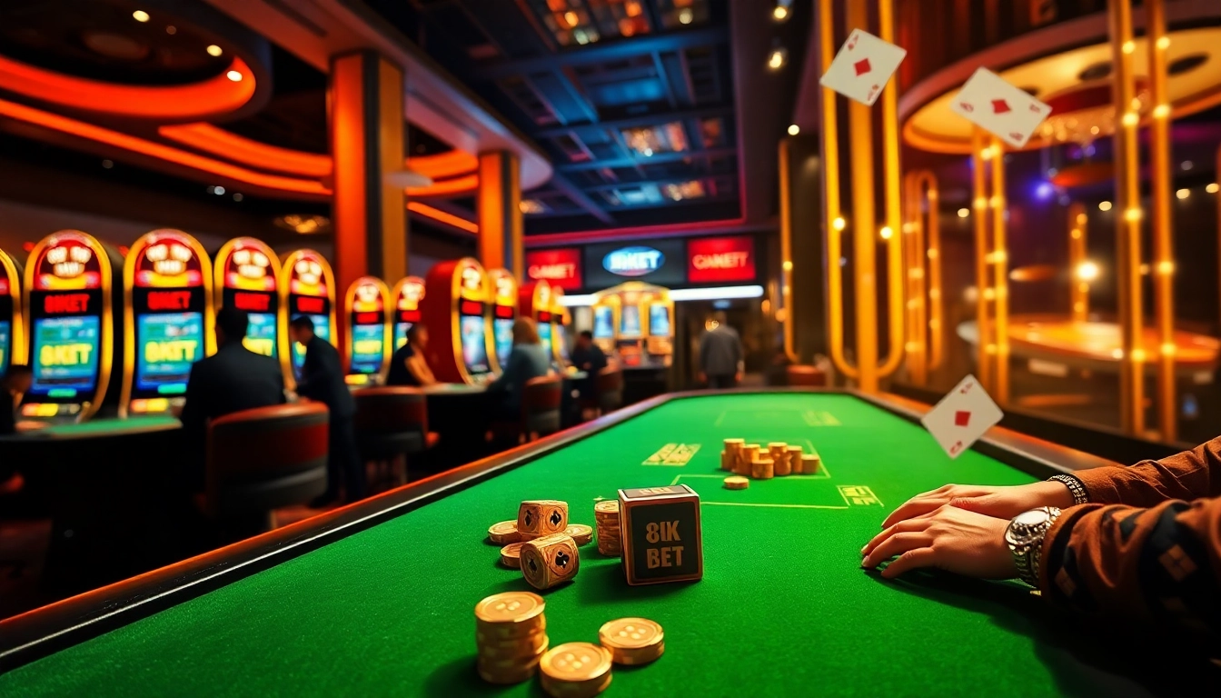 Gamblers engaging in a thrilling game at an 8KBET casino table with vibrant slots and poker chips.