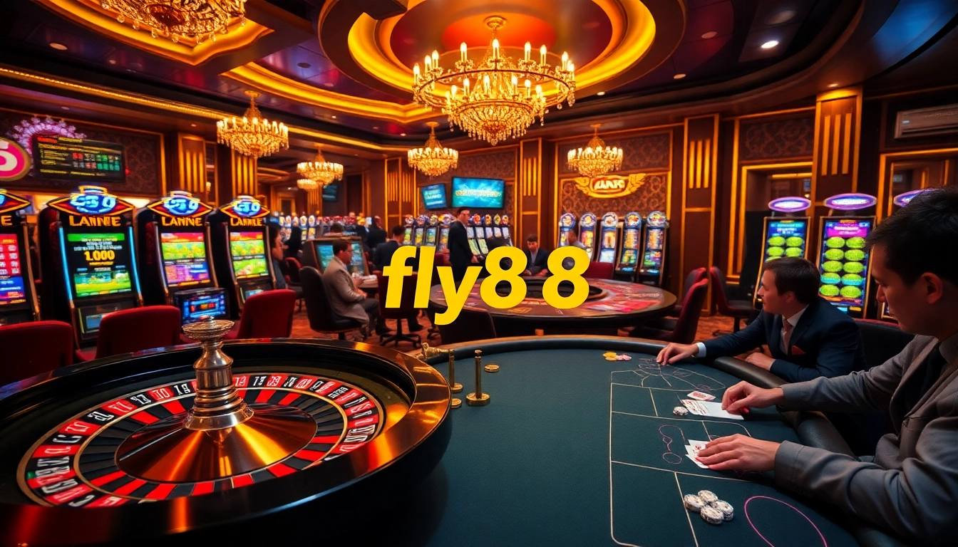 Exciting scene of gamblers playing at a fly88 casino with vibrant slots and poker tables.