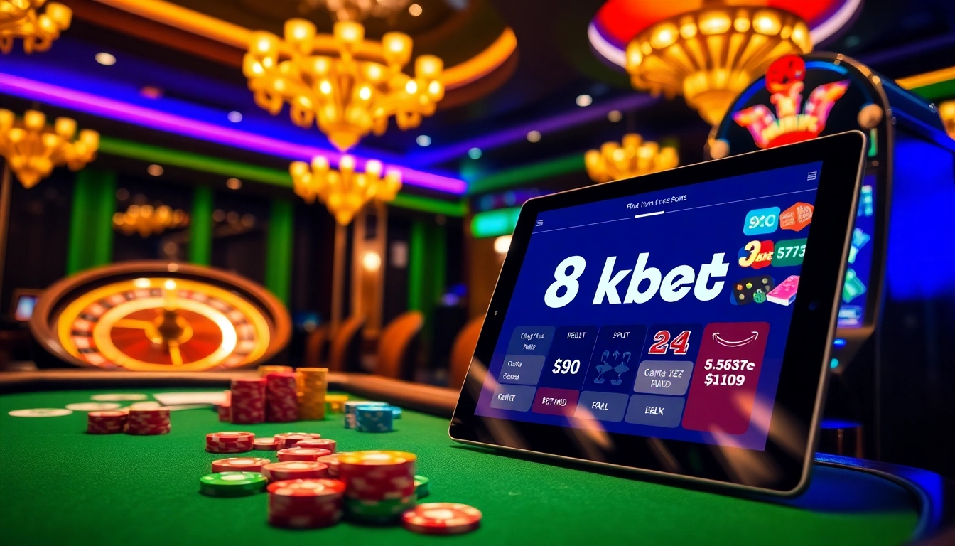 Experience the excitement of winning at 8kbet with a vibrant casino scene featuring poker chips and a roulette wheel.
