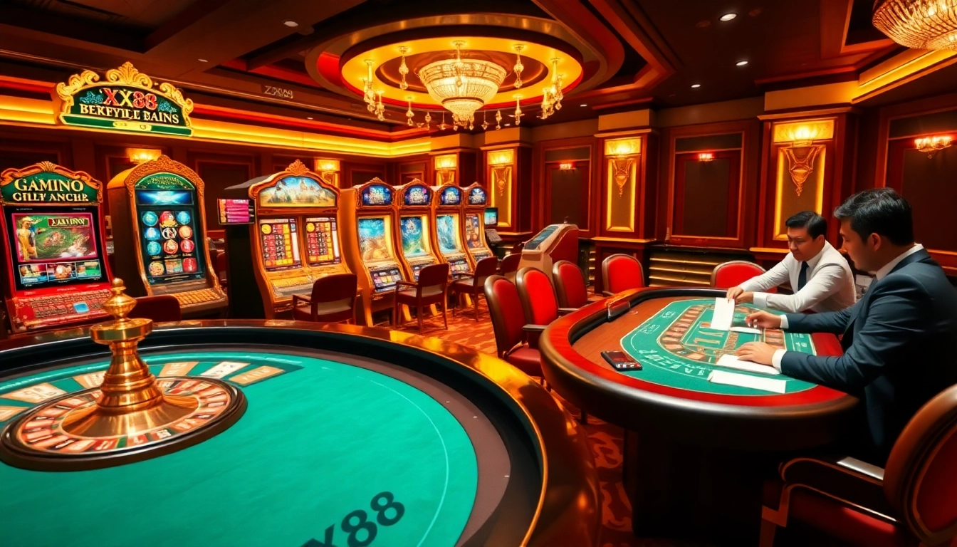 Experience the excitement at trang chủ xx88 with vibrant casino gaming visuals featuring roulette and slot machines.