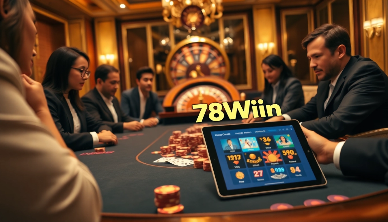 Engaged players at a poker table showcasing 78Win's luxury online gambling experience.