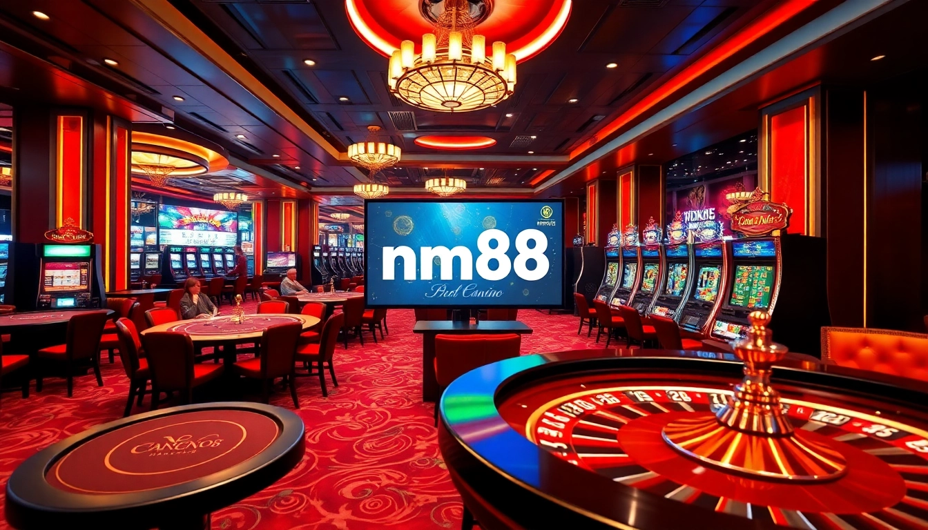 Experience the thrill of gaming at trang chủ mm88, featuring lively poker tables and slot machines in a luxurious casino.