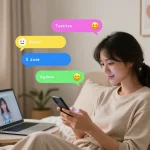 Engaging in sexting AI conversations in a cozy bedroom, surrounded by playful digital chat bubbles and emojis.
