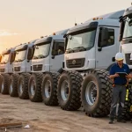 Team inspecting Double Coin RR99 tires on trucks at a construction site during sunset, showcasing performance and teamwork.