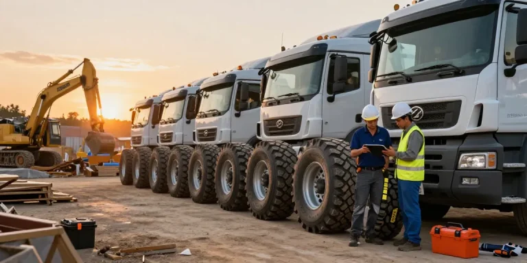 Team inspecting Double Coin RR99 tires on trucks at a construction site during sunset, showcasing performance and teamwork.