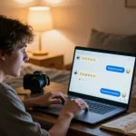 Engaging user interacting with a nsfw chat bot in a cozy bedroom, showcasing intimacy and playful conversation.