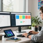 Developer engaging in WPS Download in a modern workspace with tech gadgets, enhancing productivity.