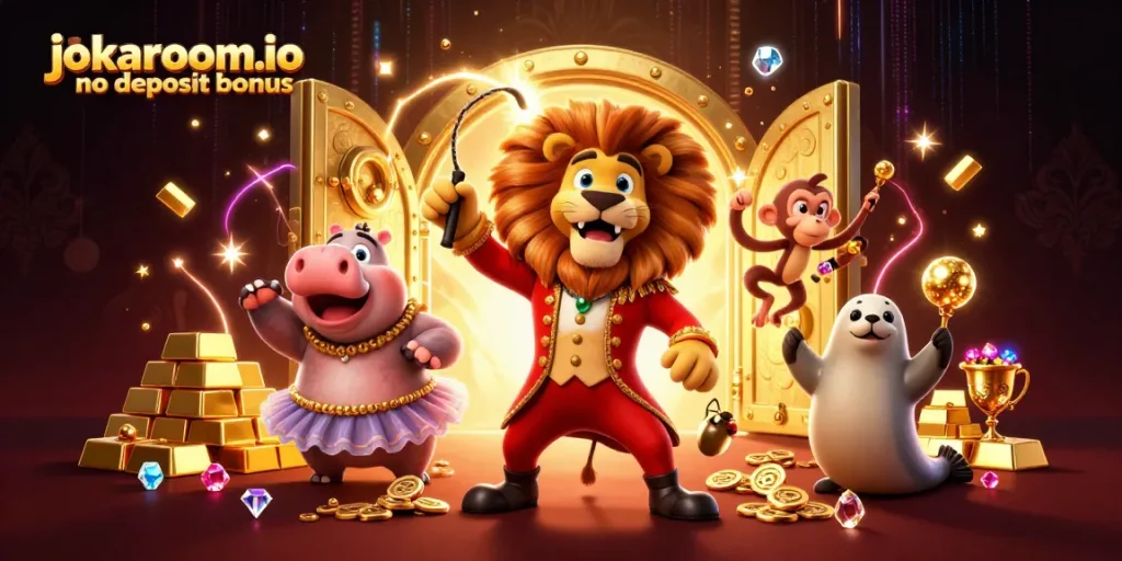 Experience the excitement of jokaroom.io no deposit bonus with vibrant casino-themed characters and dazzling elements.