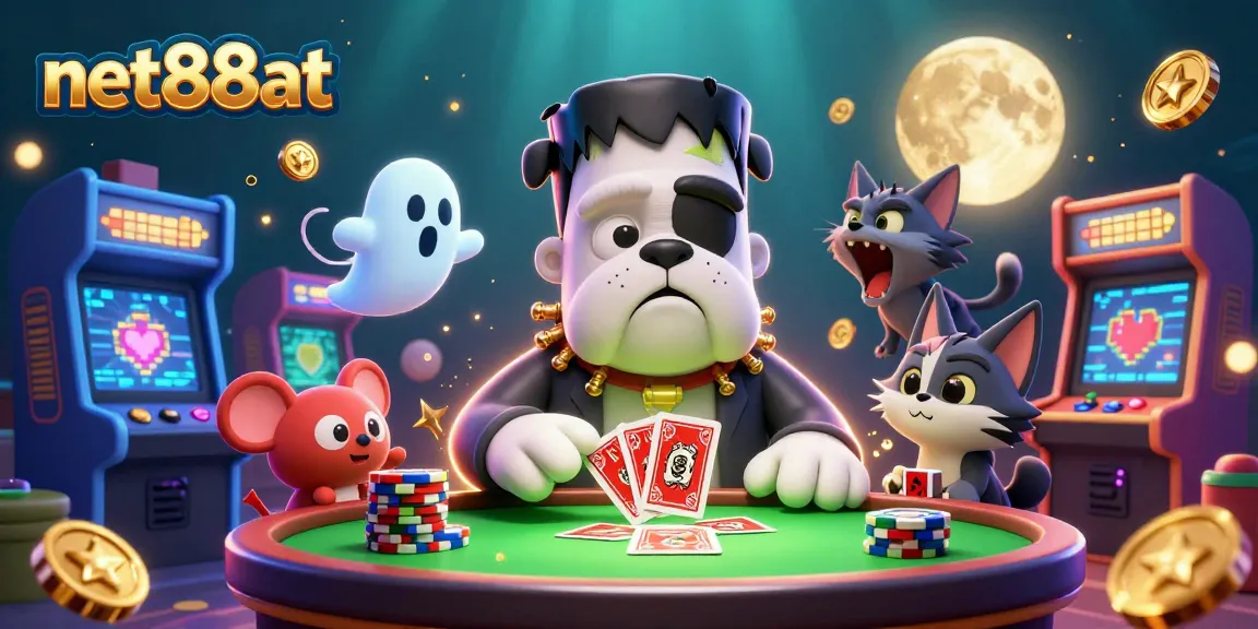 Experience the thrill of gaming with net88at as a Frankenstein bulldog deals cards at the casino.