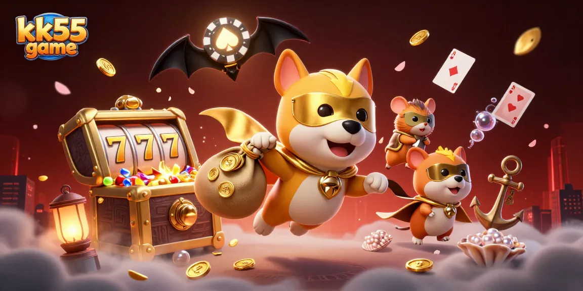 Engage with the kk55 game world featuring a superhero dog and hamster amidst a vibrant casino adventure.