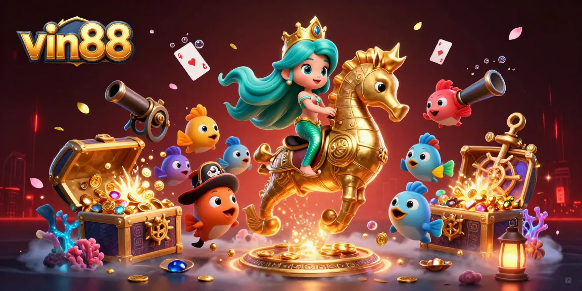 Experience the thrill of online gambling with vin88 in this vibrant, 3D fantasy illustration.