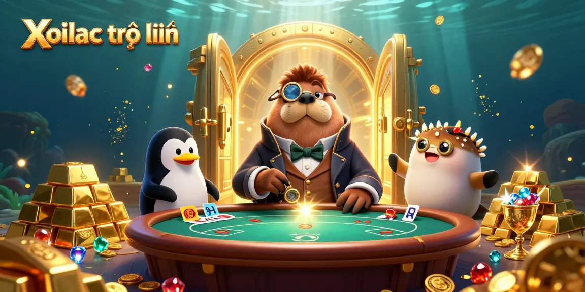 Xoilac trực tuyến presents an underwater poker scene with a walrus, penguin dealer, and pufferfish bluffing amidst treasure, showcasing gambling fun.