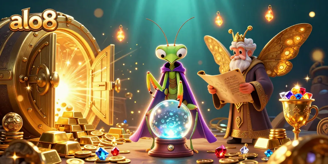 Alo8 players enjoy immersive gaming with a cartoon praying mantis and moth librarian amidst treasures.