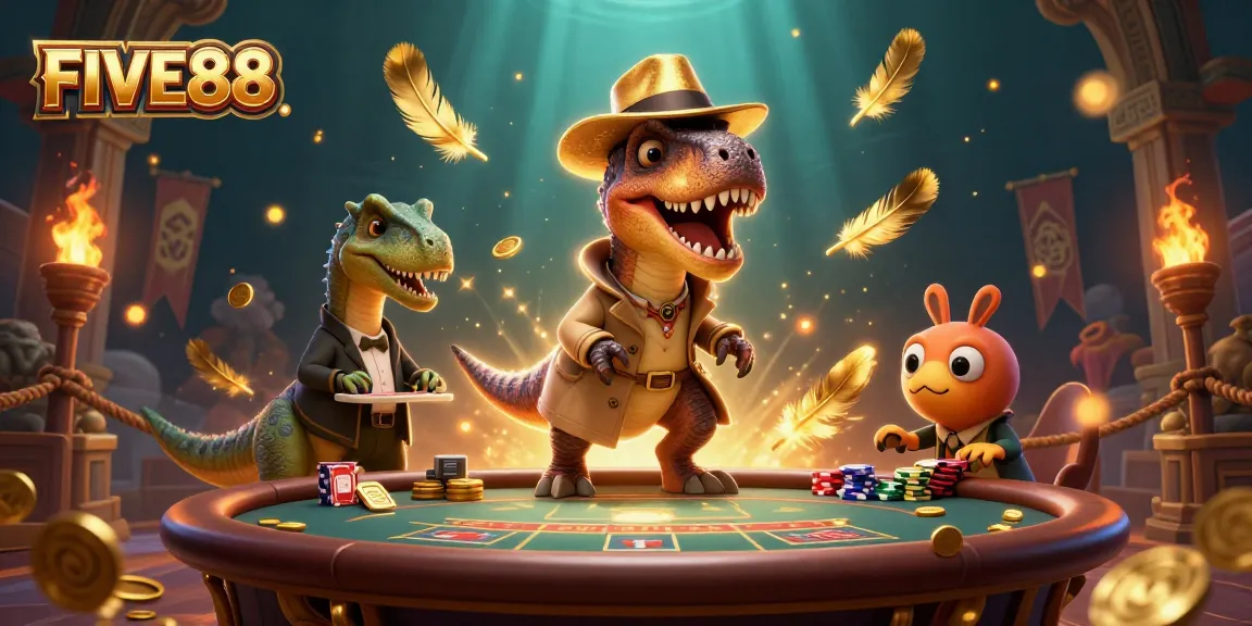 Engage in thrilling FIVE88 gaming with a 3D velociraptor at a blackjack table surrounded by vibrant casino elements.