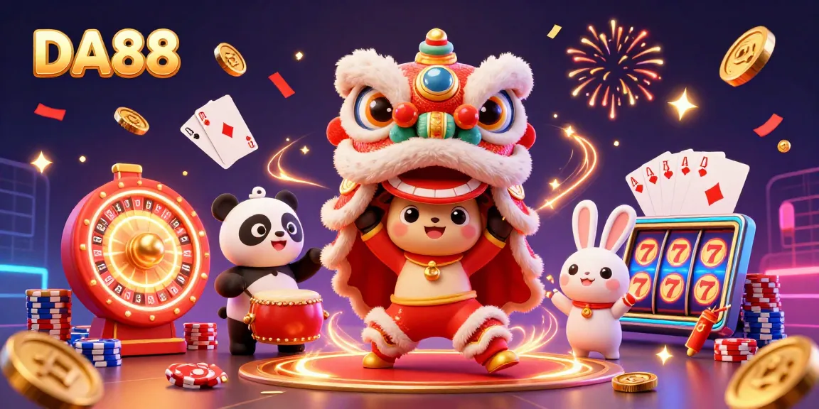 Experience the thrill of DA88 with a lively casino scene featuring a lion dance and vibrant gaming elements.