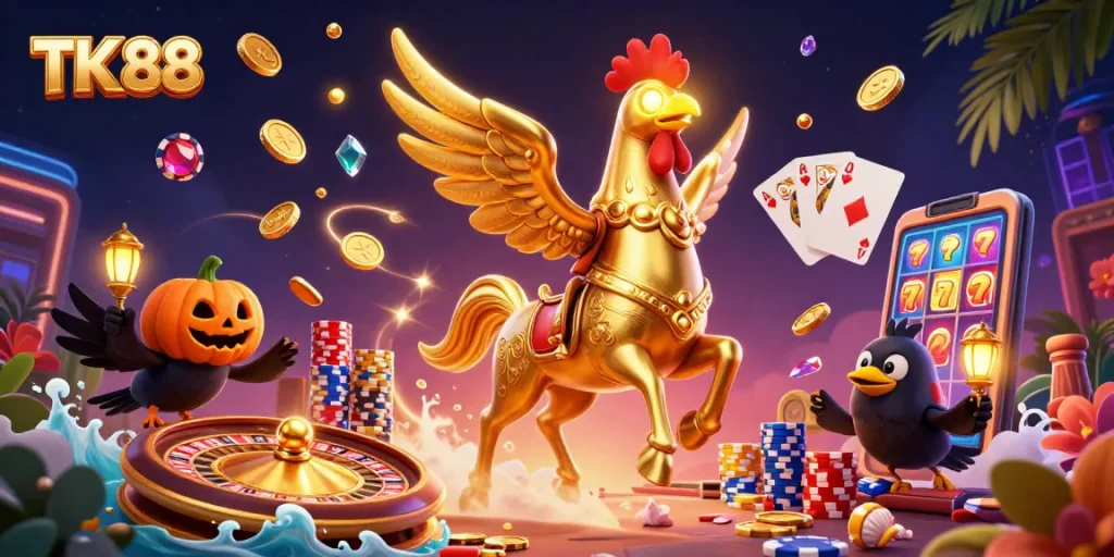 Play thrilling games at TK 88 with golden rooster character in an enchanting casino scene.