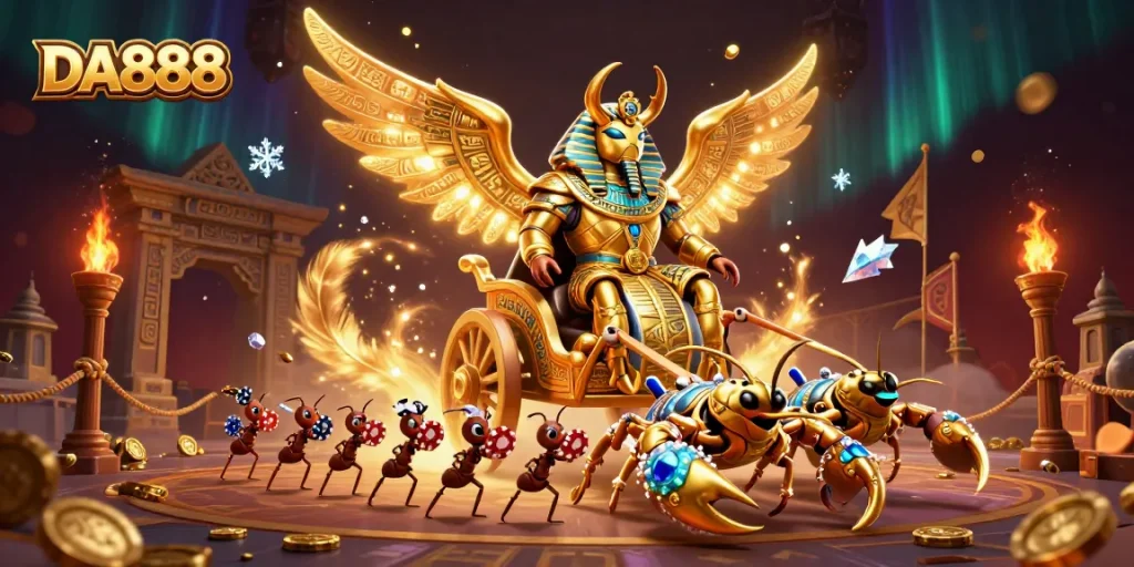 Experience DA888's thrilling world with a dynamic 3D scene featuring epic casino characters and vibrant elements.