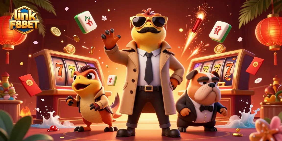 Engage with exciting games using link F8BET: vibrant casino scene with playful raptors and rich decorations.