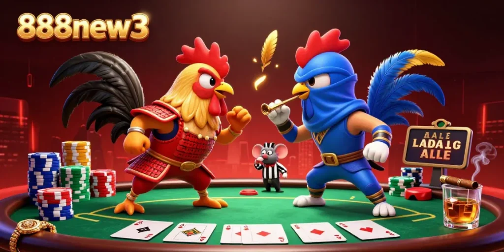 Engage with 888new3: Epic showdown of cartoon roosters at a vibrant poker table.