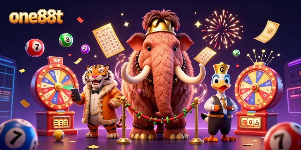 Experience the excitement of one88t Casino with vibrant 3D characters and festive elements in this dynamic illustration.