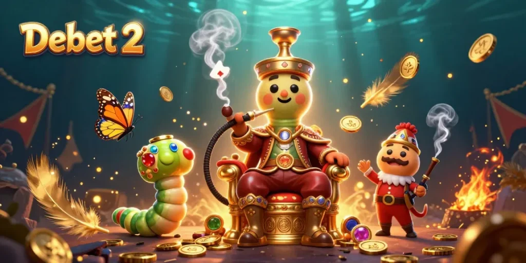 Experience exciting gaming with Debet 2 through captivating poker hand illusions in a vibrant scene.