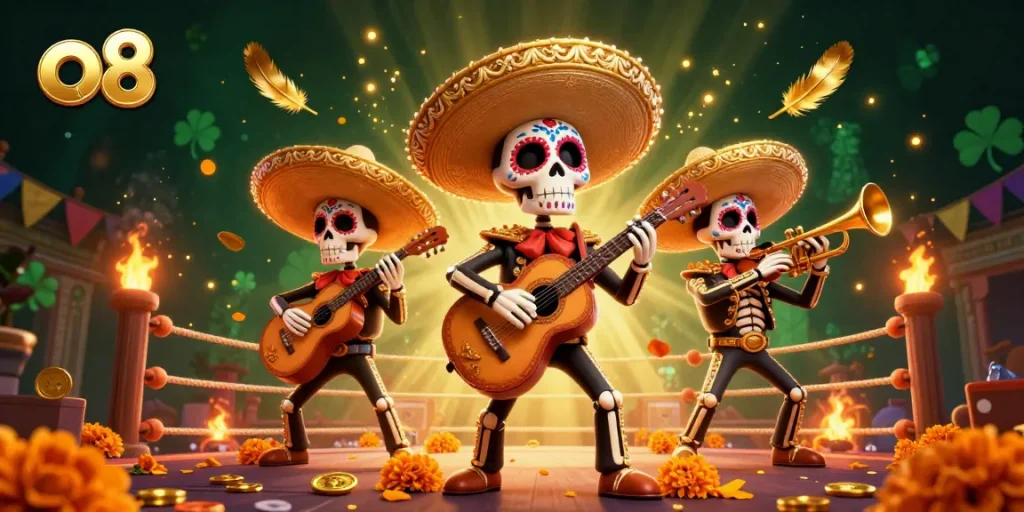 Engage with thrilling games at o8, featuring vibrant mariachi band and immersive casino elements.