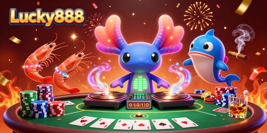 Experience the thrill of Lucky888 with an animated casino scene featuring vibrant characters and dynamic game elements.