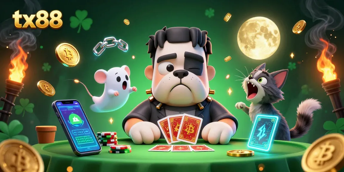 Join the fun at tx88 as a 3D cartoon Frankenstein bulldog deals cards in a vibrant casino scene!