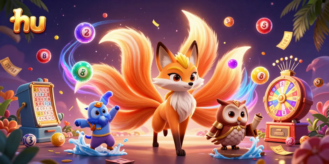 Experience the excitement of hu with colorful lottery balls and a mystical nine-tailed fox in a vibrant casino scene.