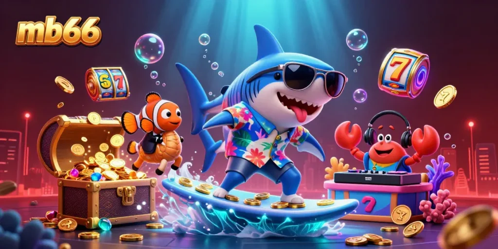 Experience thrilling gaming at mb66 with a cartoon shark surfing on gold coins surrounded by casino elements.