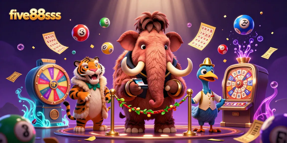 Engage with five88sss at the lively casino door featuring a woolly mammoth bouncer, saber-tooth tiger VIP guest, and lottery elements.