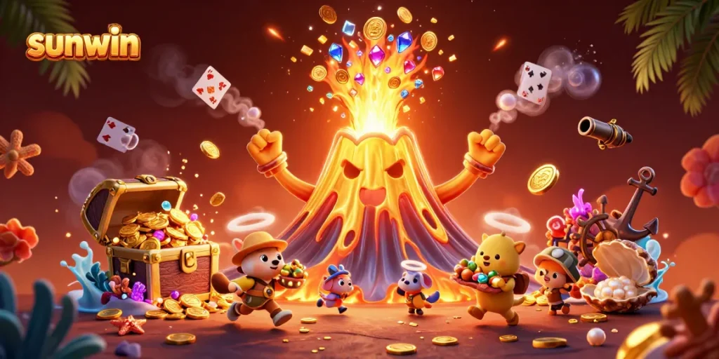 Play and win big with sunwin at this vibrant 3D casino scene showcasing excitement and treasure.