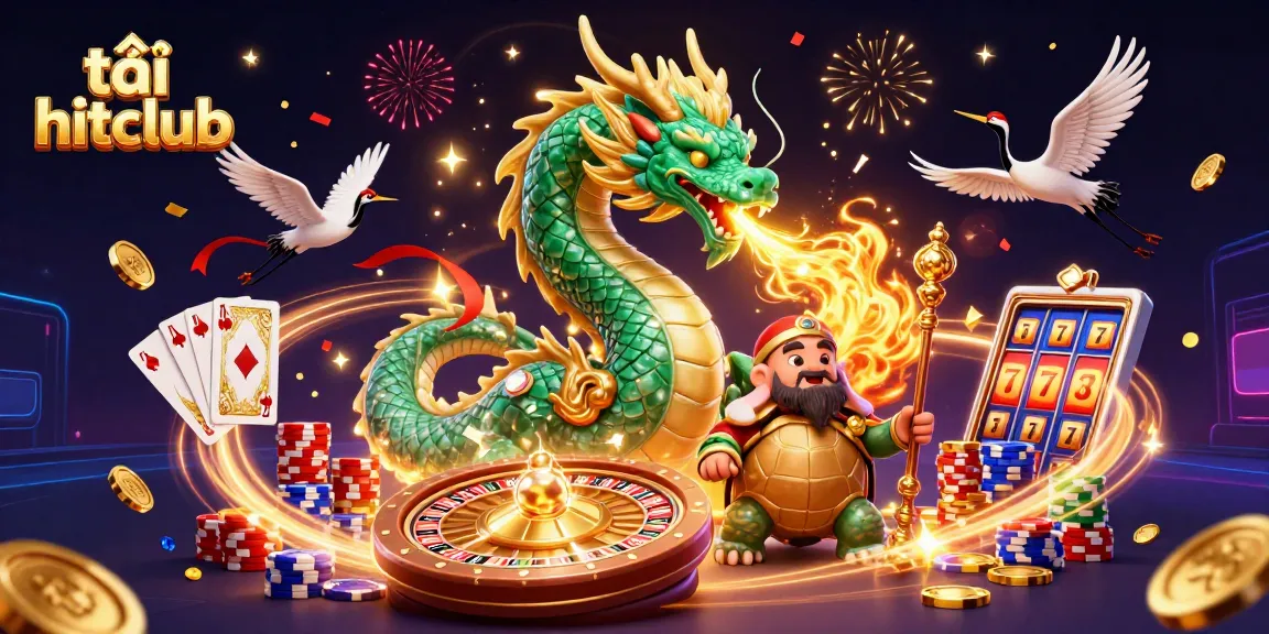Experience the thrill of tải hitclub with a vibrant 3D illustration showcasing dragons and casino elements.