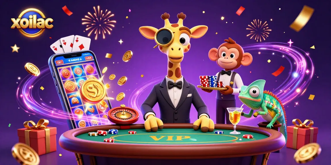 Xoilac brings high-energy casino excitement with a vibrant scene of a giraffe, monkey, and chameleon enjoying gaming fun.