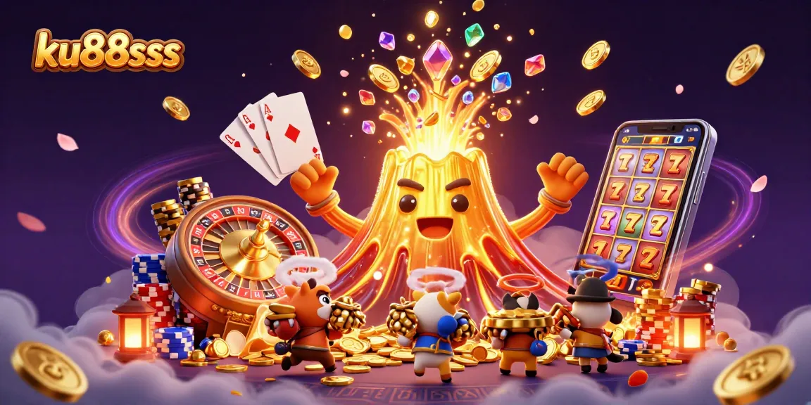 Win big with ku88sss as sparkling coins and treasures erupt from the golden volcano in a vibrant casino scene.