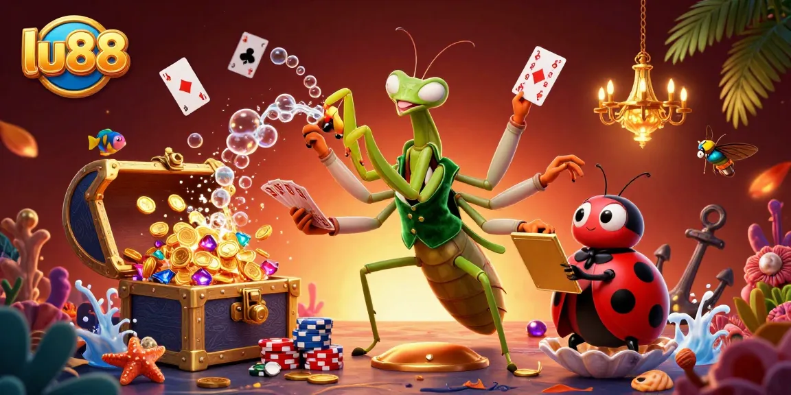 A dynamic scene featuring lu88's iconic praying mantis card sharp and ladybug pit boss amidst vibrant gambling elements and underwater treasures.