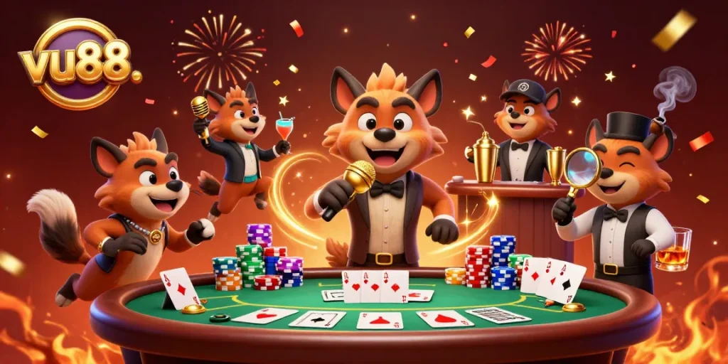 Join the humor at vu88. with hyenas in a vibrant casino scene showcasing poker excitement.