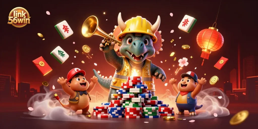 Play and win big with link 56win at the casino, showcasing dynamic characters and exciting game elements.