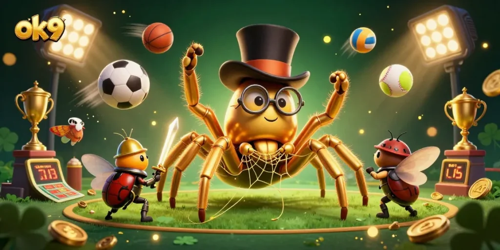 Engage in thrilling gameplay at ok9 with a dynamic illustration of a golden tarantula and knight among casino elements.