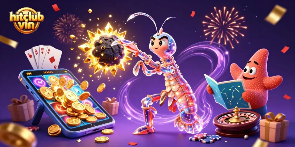 Experience gaming at hitclub vin with a galactic shrimp samurai winning coins and gems.