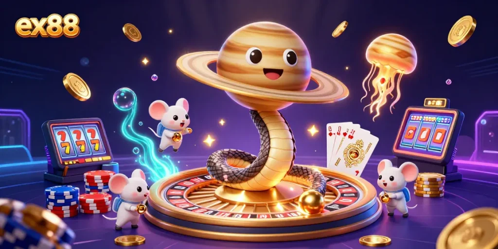 Explore exciting bets with ex88 in this vibrant, fantastical casino scene featuring immersive cosmic characters.