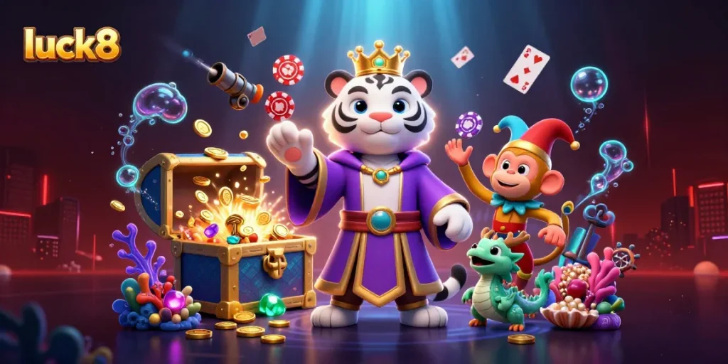 Experience luck8 with playful characters and vibrant gambling elements in a rich underwater casino scene.