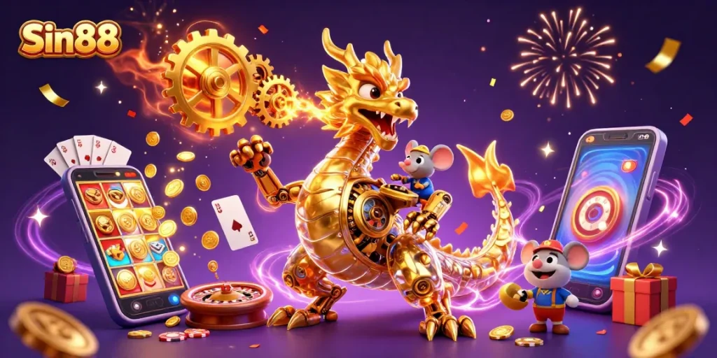 Spin the reels with Sin88's vibrant casino illustration showcasing golden dragon and game elements.
