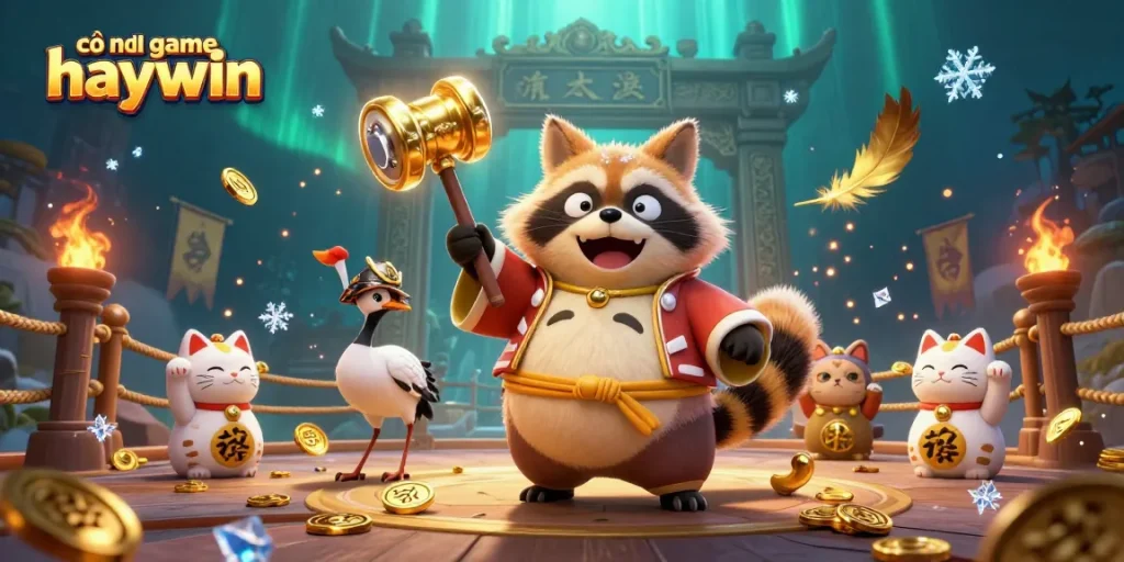 Cổng game haywin brings a lively 3D scene with colorful characters and rich casino elements, celebrating winning possibilities.