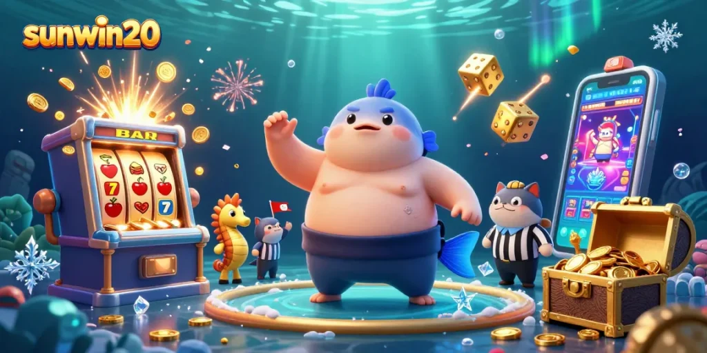 Experience the excitement of sunwin20 with a dynamic underwater casino scene filled with vibrant characters and game elements.