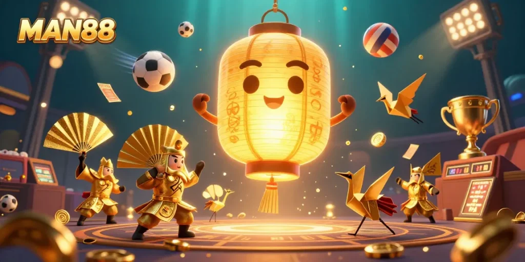 Experience the excitement of MAN88 with a vibrant illustration of 3D casino elements and sports symbols.